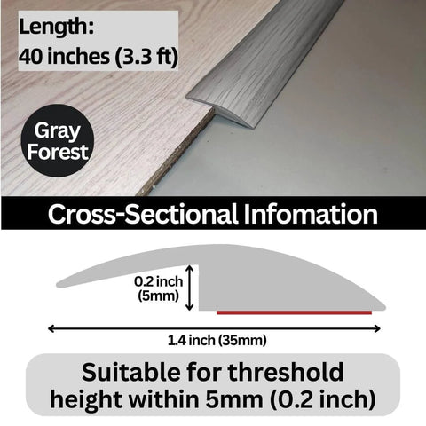 Floor Transition Strip Self Adhesive Carpet Wood Tile Vinyl Flooring Laminate Transition Cover Edge Trim Gap Doorway Threshold for Uneven Floors Heights Within 5 mm (40 inches, Gray Forest) showing length and cross-sectional view.