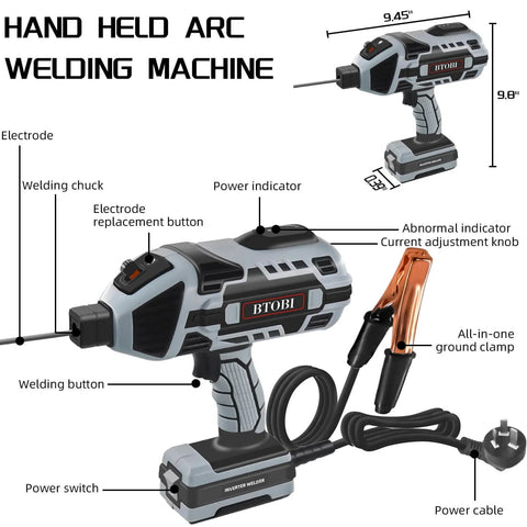 Portable 110V ARC Stick Welder With IGBT Inverter, 120A, 6-Stage Current Control, Handheld Welding Gun, Workhorse Gray, labeled parts