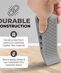Hand holding gray door stopper with honeycomb design, "Made in USA" text visible. Door Stoppers for Bottom of Door Premium Floor Rubber Door Stop Wedge.