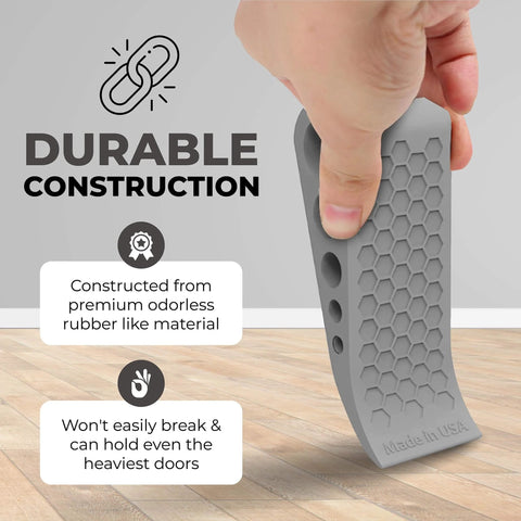 Hand holding gray door stopper with honeycomb design, "Made in USA" text visible. Door Stoppers for Bottom of Door Premium Floor Rubber Door Stop Wedge.