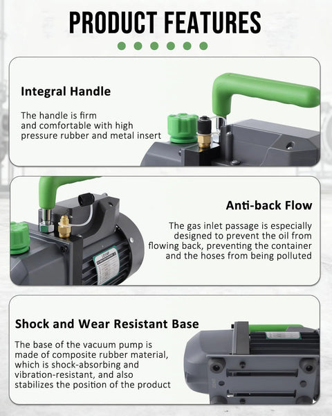 Heavy Duty Four Point Five CFM HVAC Vacuum Pump With One Third Horsepower Motor features like integral handle and anti-back flow