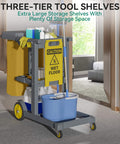 Heavy Duty Janitorial Cart On Wheels With Locking Lid And 3 Shelf Design For Pro Grade Commercial Cleaning Including Two 25 Gallon Vinyl Bags And Mop And Broom Holders Durable Gray Plastic Custodial Cart By YITAHOME