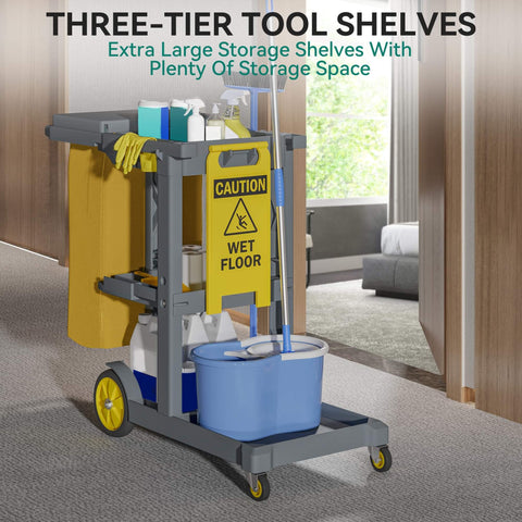 Heavy Duty Janitorial Cart On Wheels With Locking Lid And 3 Shelf Design For Pro Grade Commercial Cleaning Including Two 25 Gallon Vinyl Bags And Mop And Broom Holders Durable Gray Plastic Custodial Cart By YITAHOME