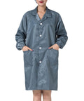 Person wearing Gray Lab Coats With Hat 12 Pack Dustproof Workwear Gear For Laboratory Food Processing Cleanroom And Industrial Use