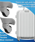 4 Pcs Large Gray Luggage Wheels Replacement Kit with Left and Right Swivel Casters featuring mute bearings on a suitcase.