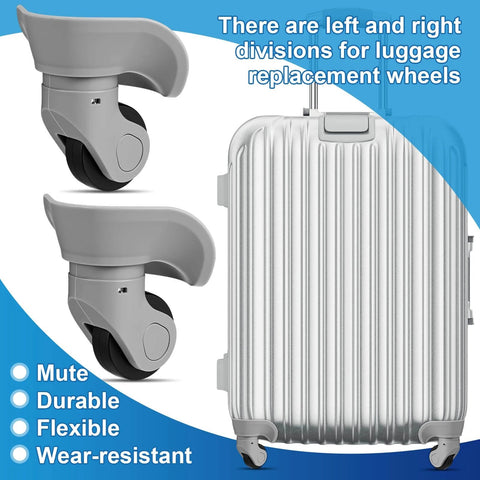 4 Pcs Large Gray Luggage Wheels Replacement Kit with Left and Right Swivel Casters featuring mute bearings on a suitcase.