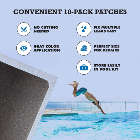 Waterproof Gray Pool Patch Kit 10 Pack Pro Grade PVC Vinyl Liner Repair Patches For Underwater And Dry Use In Commercial And Residential Pools 2.75 By 4 Inches with features and a pool scene