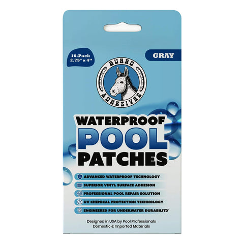 Waterproof Gray Pool Patch Kit 10 Pack Pro Grade PVC Vinyl Liner Repair Patches For Underwater And Dry Use packaging front