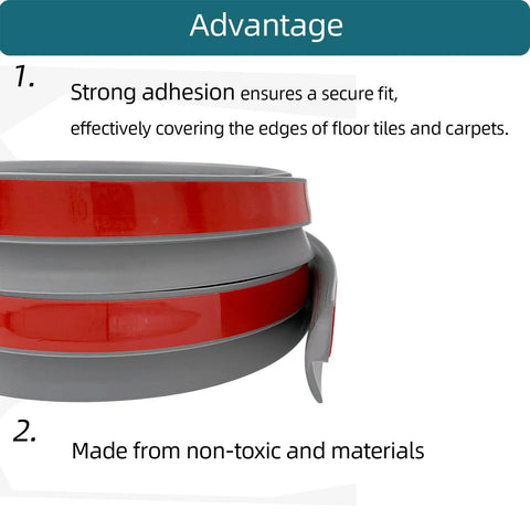 Gray Carpet Floor Transition Strip with red adhesive, highlighting secure fit and non-toxic materials, Carpet to Tile Transition Trim.