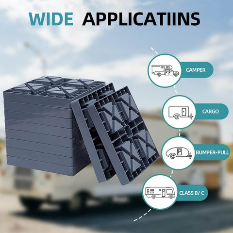 Stack of Heavy Duty RV Leveling Blocks For Campers And Trailers With Interlocking Design, shown with application icons.