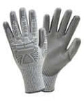 Gray industrial safety gloves with textured grip, front and back view showing protective design on fingers and palm.