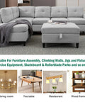 Living room with grey sectional sofa and square ottoman, images of living room settings like light fixtures, wood frame, and tables.