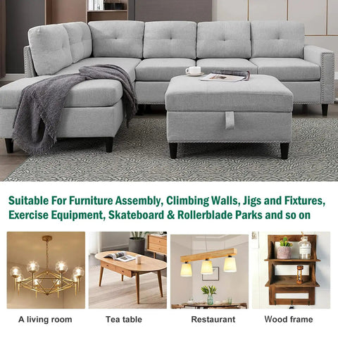 Living room with grey sectional sofa and square ottoman, images of living room settings like light fixtures, wood frame, and tables.