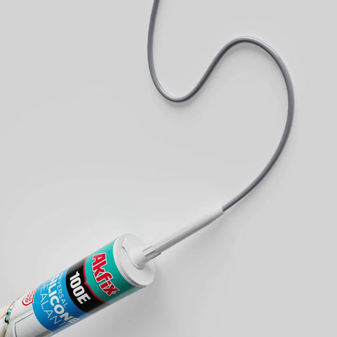 Gray RTV Silicone Caulk 2 Pack 100E Waterproof Sealant for kitchen and bathroom use, featuring a flexible nozzle.