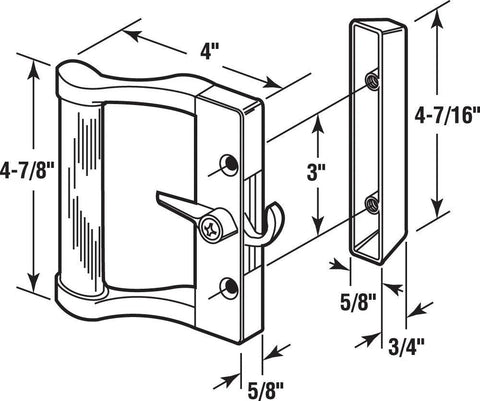 Gray Finish Sliding Door Handle Set For Fullview Doors And Various Sliding Patio Doors Non Handed For Left Or Right Sliding Operation 3 Inch On Center Mounting Mill Finish Diecast Components Single Pack diagram showing dimensions