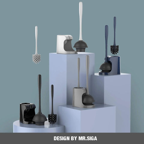 Space Saving Toilet Plunger And Bowl Brush Combo In Gray With Durable Two Compartment Holder displayed on pedestals by MR Siga