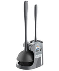Space Saving Toilet Plunger And Bowl Brush Combo in Gray with Durable Two Compartment Holder, front view
