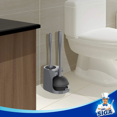 Space Saving Toilet Plunger And Bowl Brush Combo In Gray With Durable Two Compartment Holder for efficient bathroom organization.