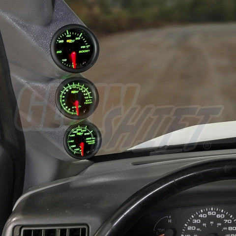 GlowShift Diesel Gauge Package For Ford Super Duty F250 F350 1999 2007 6.0L 7.3L Power Stroke Gray Triple Pillar Pod in vehicle