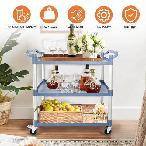 Heavy Duty Rolling Utility Cart With Lockable Wheels 600 Lb Capacity Large Size Gray Hammer Finish Loaded with Glasses and Bottles