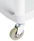 Close-up of gray wheel and frame of Heavy Duty 3 Tier Rolling Utility Cart For Busy Shops And Offices, 400 Pound Capacity, Portable Gray Mobile Shelving