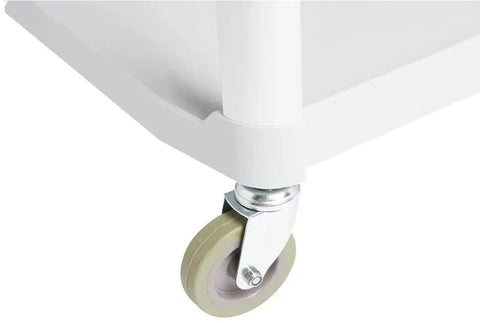 Close-up of gray wheel and frame of Heavy Duty 3 Tier Rolling Utility Cart For Busy Shops And Offices, 400 Pound Capacity, Portable Gray Mobile Shelving