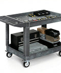 Heavy Duty 2 Tier Plastic Utility Cart With Deep Shelves And 360 Degree Swivel Wheels For Garage Warehouse Office And Cleaning Tasks 45 X 25 Inch Gray with tools and boxes