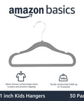 Gray kids velvet hanger with non-slip grip, ultra slim, 11 inch, 30-pack, shown in Amazon Basics packaging, supporting 10 lbs.
