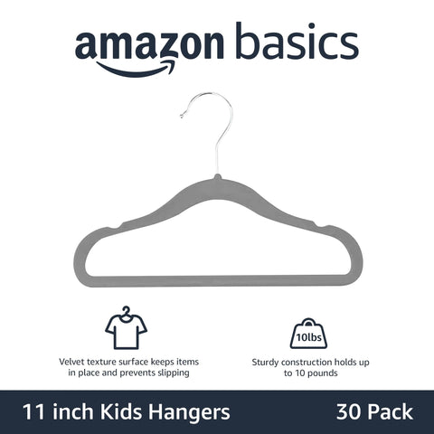 Gray kids velvet hanger with non-slip grip, ultra slim, 11 inch, 30-pack, shown in Amazon Basics packaging, supporting 10 lbs.