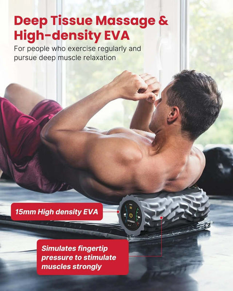 Man using Vibrating Foam Roller For Back Pain Relief With Five Speed Settings Rechargeable Portable Muscle Massage Tool.