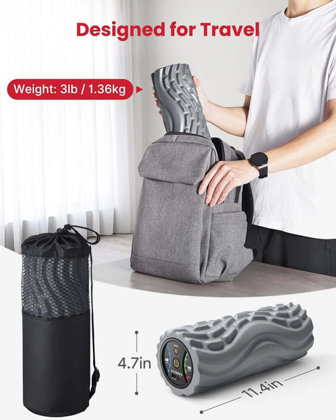 Vibrating Foam Roller For Back Pain Relief With Five Speed Settings being packed into a backpack, travel-friendly gray design.