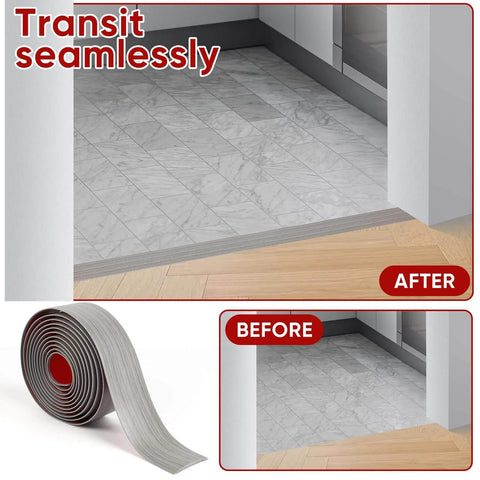 Floor Transition Strip for Doorways, 2'' x10Ft Self-Adhesive Laminate Floor Strip, Carpet Threshold - Gray Wood Grain installed view