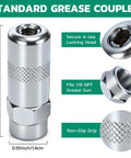 Standard grease coupler for 1/8 NPT grease gun, featuring secure 4-jaw locking head and non-slip grip, part of grease fittings kit