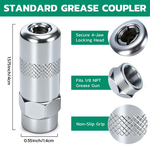 Standard grease coupler for 1/8 NPT grease gun, featuring secure 4-jaw locking head and non-slip grip, part of grease fittings kit