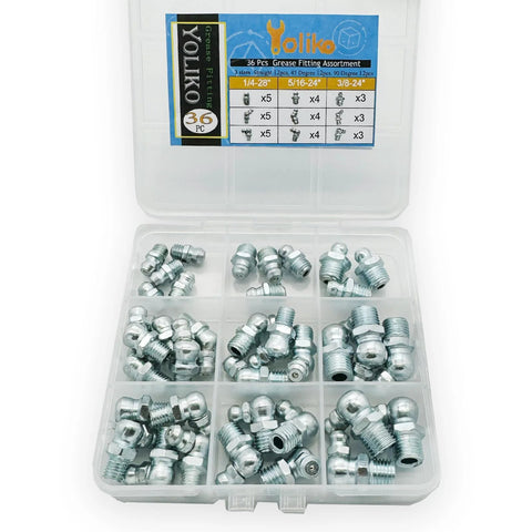 Versatile Pro Grade Grease Fitting Assortment For Industrial And Agricultural Machinery One Quarter To Three Eighths Inch 36 Pieces