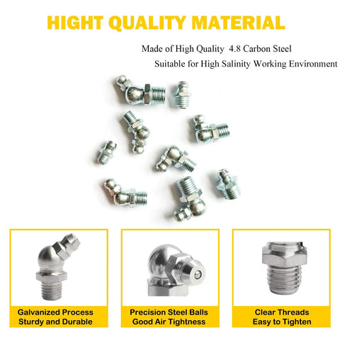 Versatile Pro Grade Grease Fitting Assortment for Industrial and Agricultural Machinery, variety of steel zerk fittings on display
