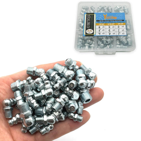 Hand holding Versatile Pro Grade Grease Fitting Assortment For Industrial And Agricultural Machinery One Quarter To Three Eighths Inch 36 Pieces