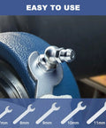 Close-up of grease fitting with wrench showing easy use from Grease Fittings Assortment Kit With SAE And Metric Zerk Fittings 255 Pieces