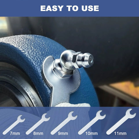 Close-up of grease fitting with wrench showing easy use from Grease Fittings Assortment Kit With SAE And Metric Zerk Fittings 255 Pieces