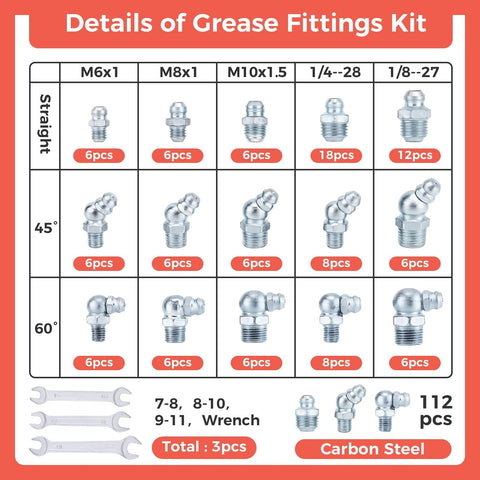 Details of Grease Zerk Fittings Kit For Auto Techs And Home Mechanics Hapric 112 Pc SAE And Metric Hydraulic Fittings Set