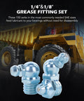 Grease Fittings Kit 150 Piece SAE Hydraulic Zerk Assortment with galvanized steel fittings in front of truck
