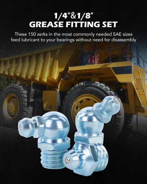 Grease Fittings Kit 150 Piece SAE Hydraulic Zerk Assortment with galvanized steel fittings in front of truck