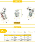 Versatile Pro Grade Grease Fitting Assortment For Industrial And Agricultural Machinery One Quarter To Three Eighths Inch 36 Pieces Includes Straight 45 Degree And 90 Degree Zerk Fittings Galvanized Steel And Grease Gun Tips Locking Caps Yoliko with size chart and fitting details.