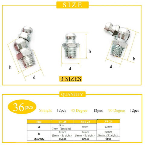 Versatile Pro Grade Grease Fitting Assortment For Industrial And Agricultural Machinery One Quarter To Three Eighths Inch 36 Pieces Includes Straight 45 Degree And 90 Degree Zerk Fittings Galvanized Steel And Grease Gun Tips Locking Caps Yoliko with size chart and fitting details.