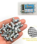 Heavy Duty Grease Fitting Assortment Kit With Eighteen Five Sixteenths By Twenty Four UNF Zerk Fittings in hand, Yoliko package in view