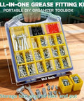 Portable Must-Have All-In-One Grease Fittings Assortment Kit With DIY Tool Storage Box Organizer showing 450Pcs fittings and tools.