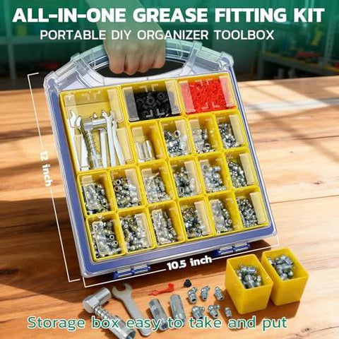 Portable Must-Have All-In-One Grease Fittings Assortment Kit With DIY Tool Storage Box Organizer showing 450Pcs fittings and tools.