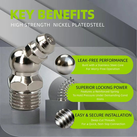 Pro Grade 27 Pcs SAE And Metric Grease Fittings Assortment Kit with nickel-plated iron showing key benefits and features.