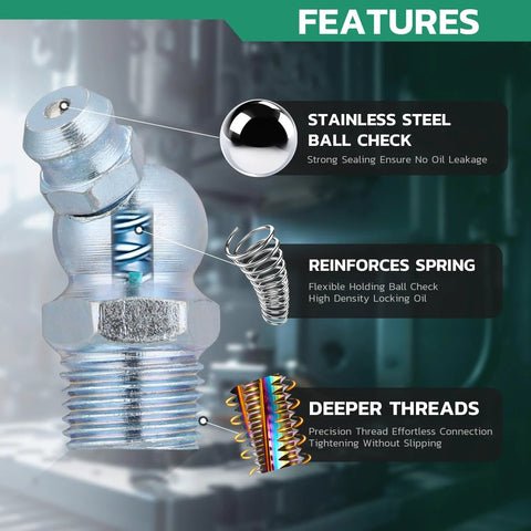 Stainless steel ball check and spring feature on Must-Have All-In-One Grease Fittings Assortment Kit, highlighting deeper threads.