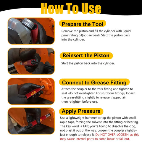 Instructions on using Go To Grease Fitting Cleaning Tool Red That Cleans Zerk Fittings And Removes Dried Grease From Pins Shafts Bushings